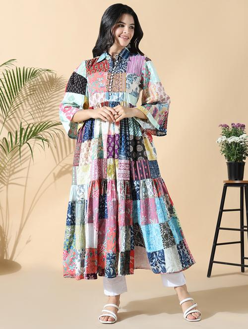 women printed three quarter sleeve flared kurta - 21843130 -  Standard Image - 0