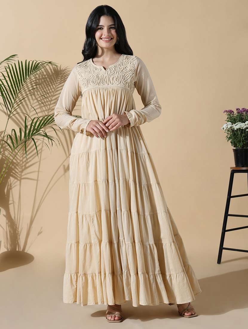 women beige embroidered long sleeve anarkali kurta