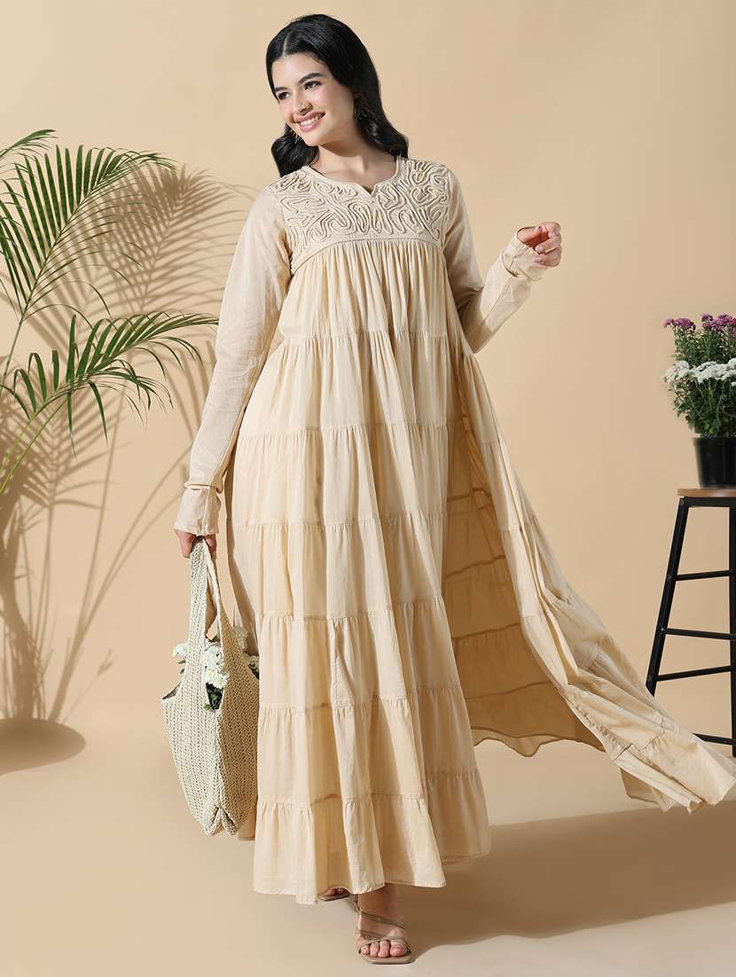 women beige embroidered long sleeve anarkali kurta - 21843134 -  Standard Image - 1