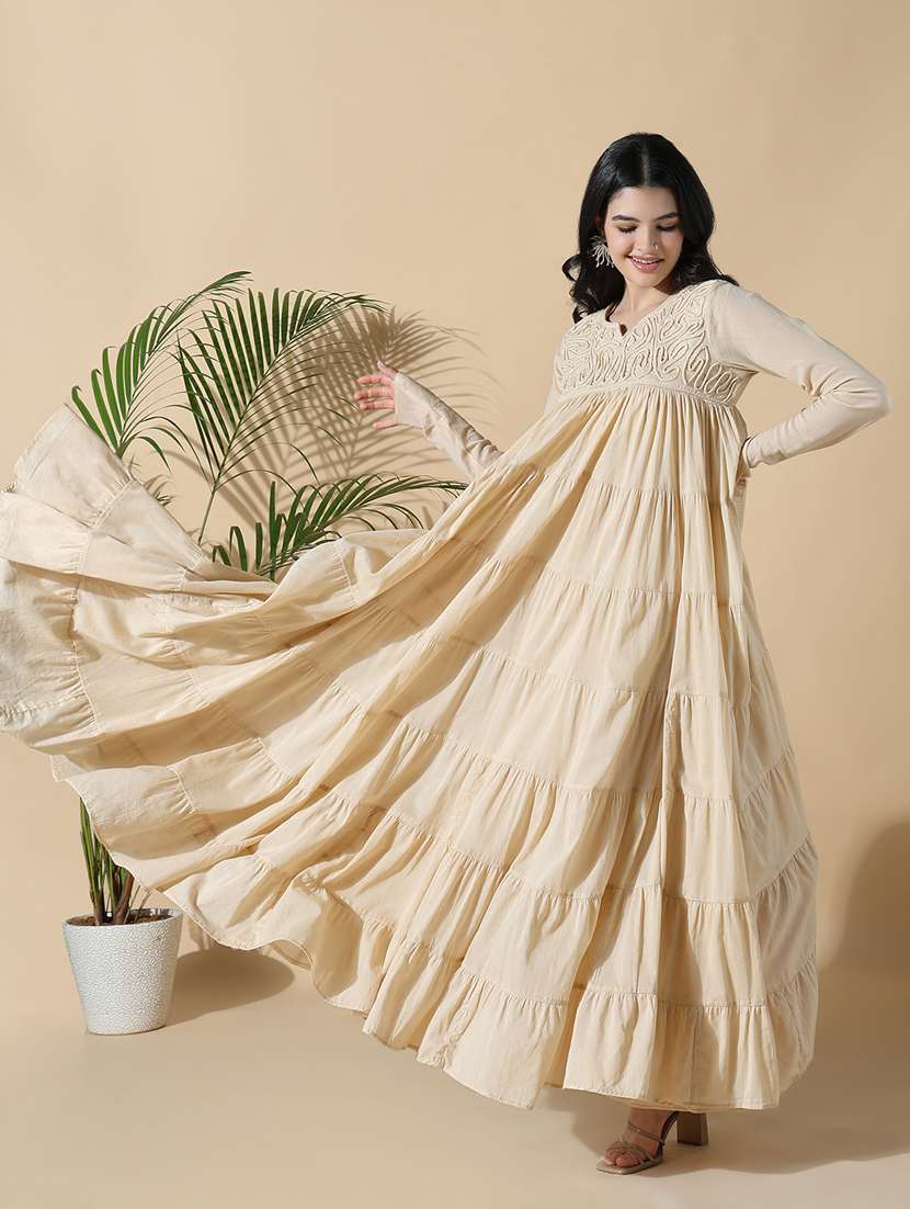 women beige embroidered long sleeve anarkali kurta - 21843134 -  Standard Image - 4