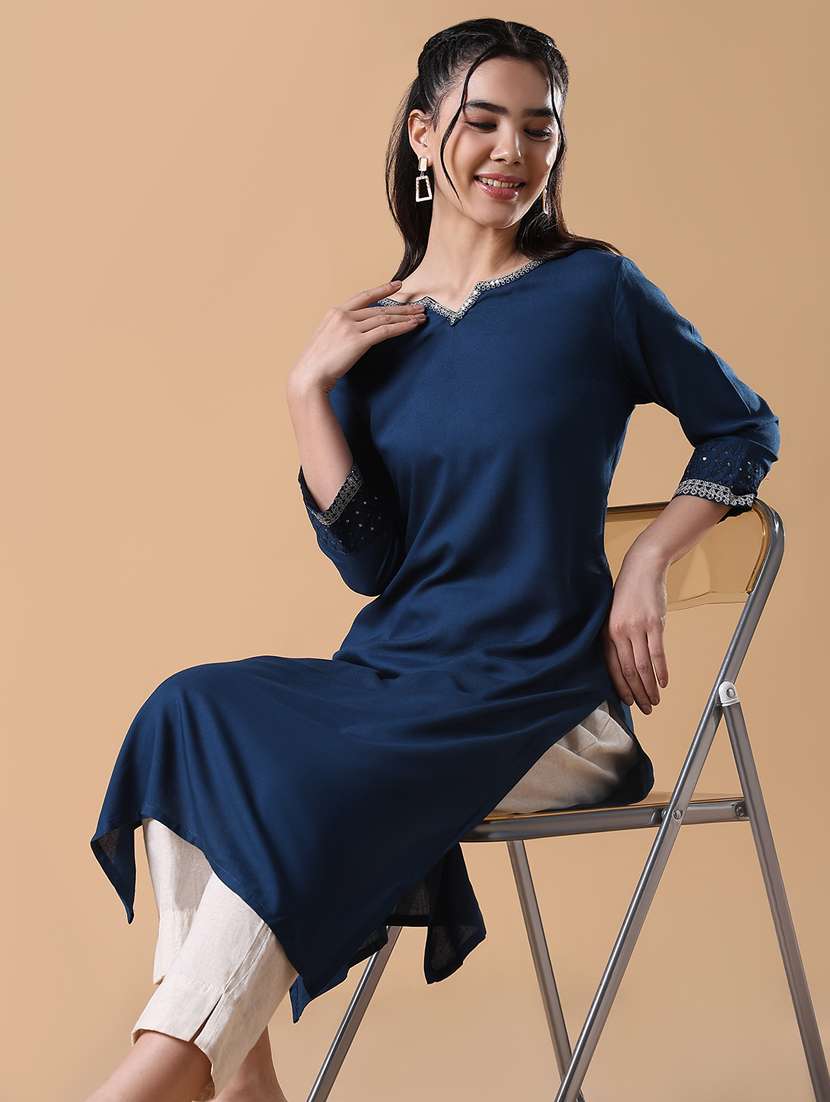 women three quarter sleeve straight kurta - 21843136 -  Standard Image - 1