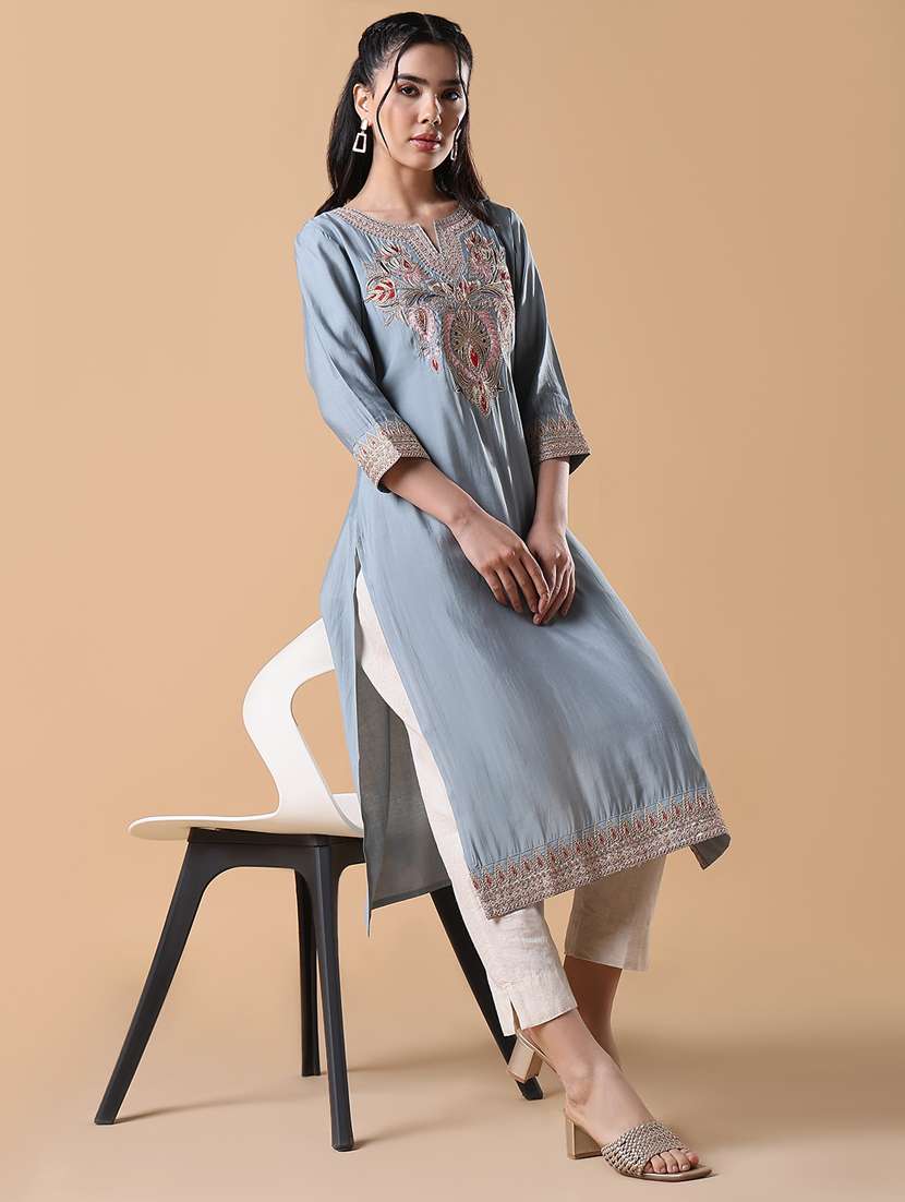 women three quarter sleeve straight kurta - 21843140 -  Standard Image - 1