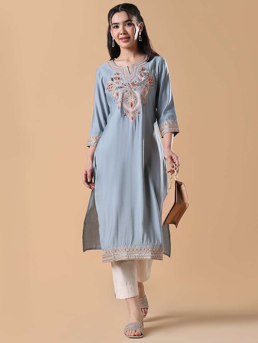 women three quarter sleeve straight kurta - 21843140 - Standard Image - 4