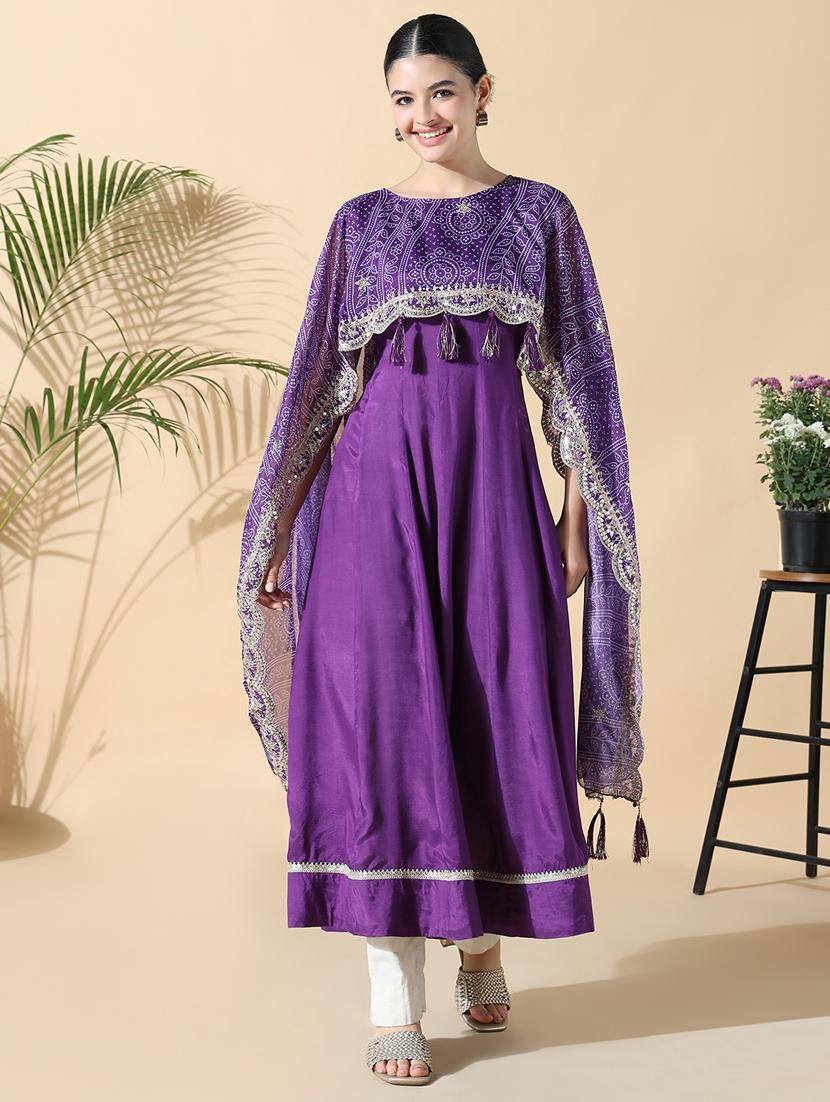 women purple solid cape sleeve flared kurta - 21843143 - Zoom Image - 0