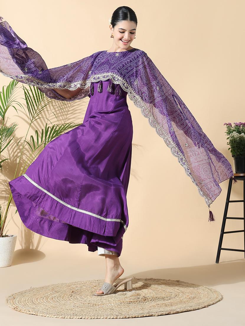 women purple solid cape sleeve flared kurta - 21843143 - Standard Image - 1