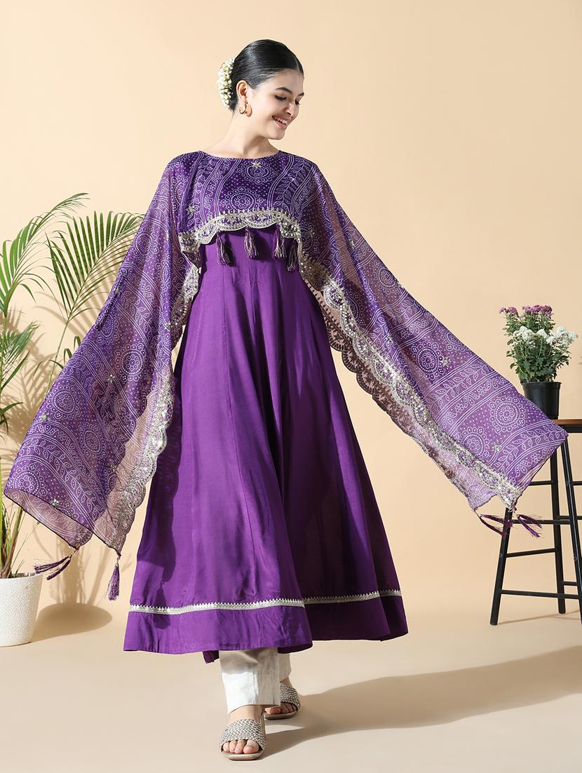 women purple solid cape sleeve flared kurta - 21843143 - Standard Image - 4
