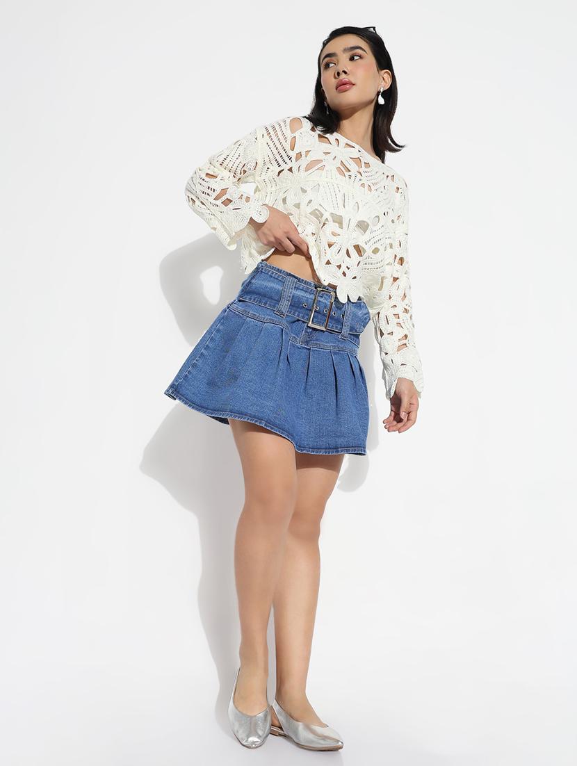 women solid high rise pleated denim skirt - 21843158 - Standard Image - 4