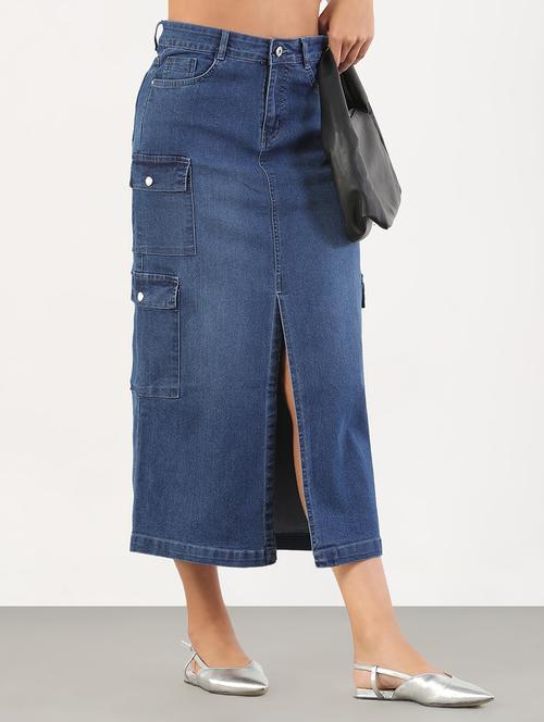 women solid high rise denim cargo skirt - 21843162 - Standard Image - 0