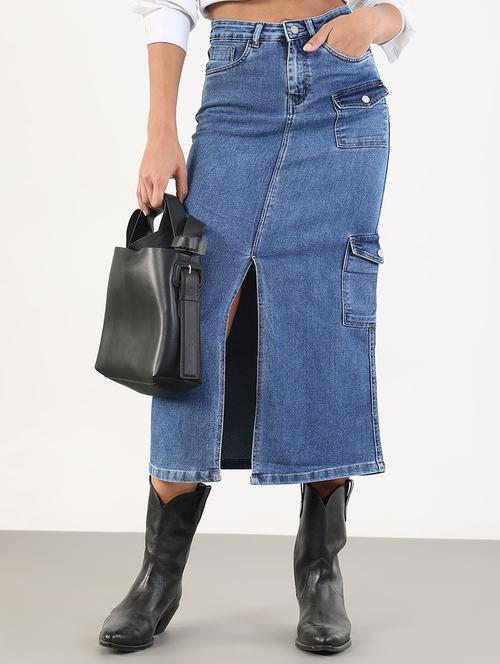 women solid high rise denim cargo skirt - 21843163 - Standard Image - 0