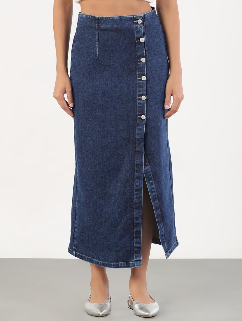 women solid high rise denim skirt - 21843164 - Standard Image - 1