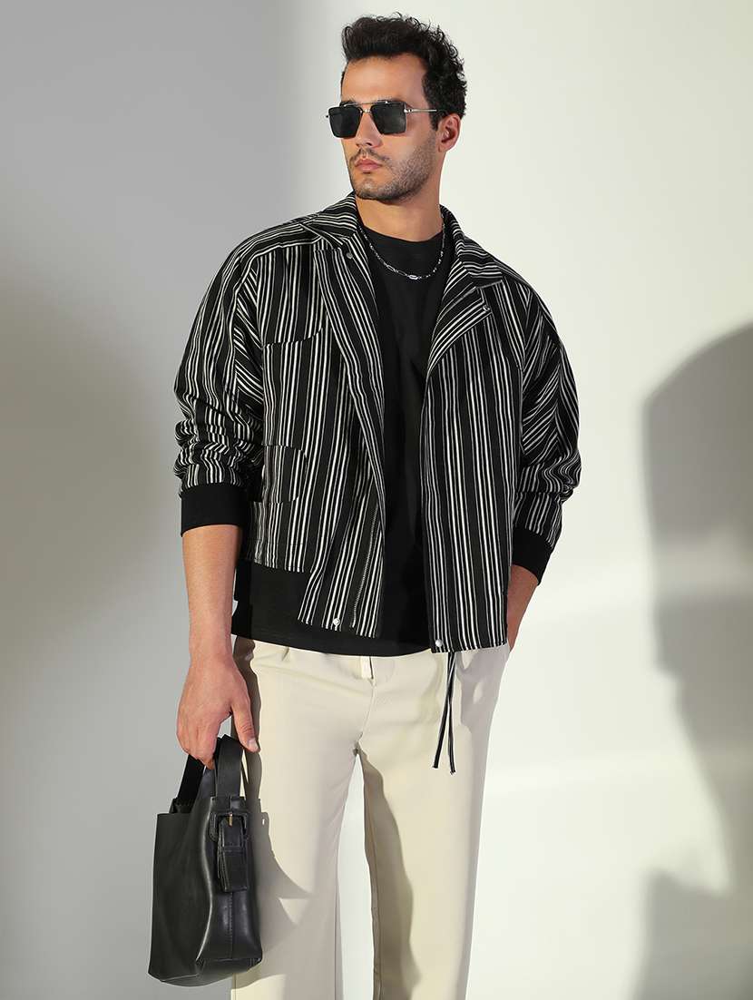 men black striped long sleeve casual jacket