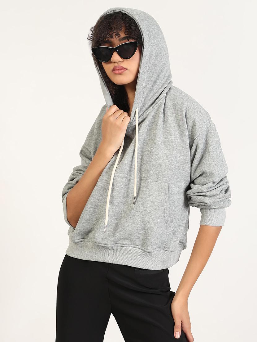 women plain long sleeves hooded sweatshirt - 21843328 - Zoom Image - 0