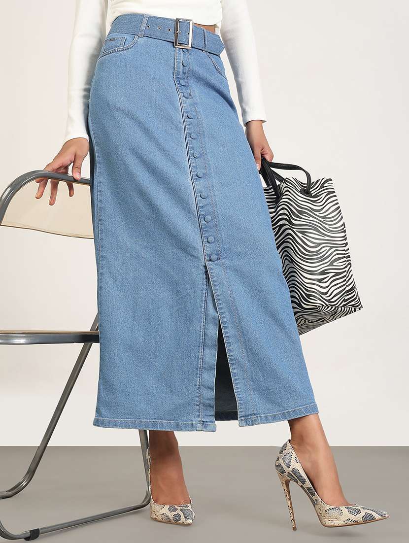 women solid high rise denim skirt