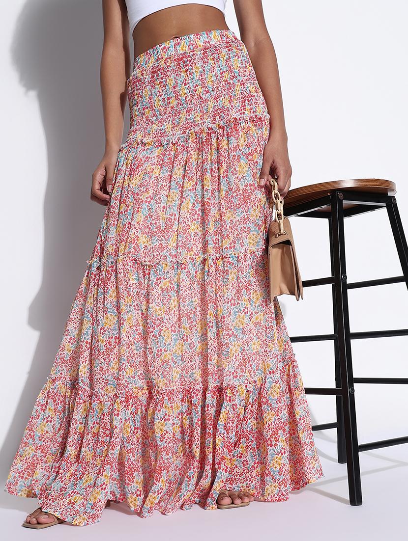 women floral print mid rise tiered skirt - 21843346 - Zoom Image - 0