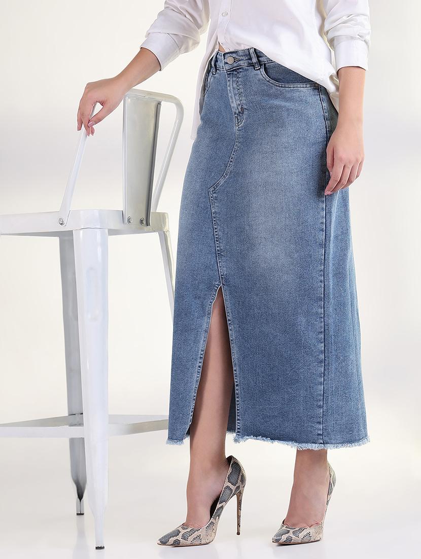 women solid mid irse denim skirt - 21843347 -  Zoom Image - 0