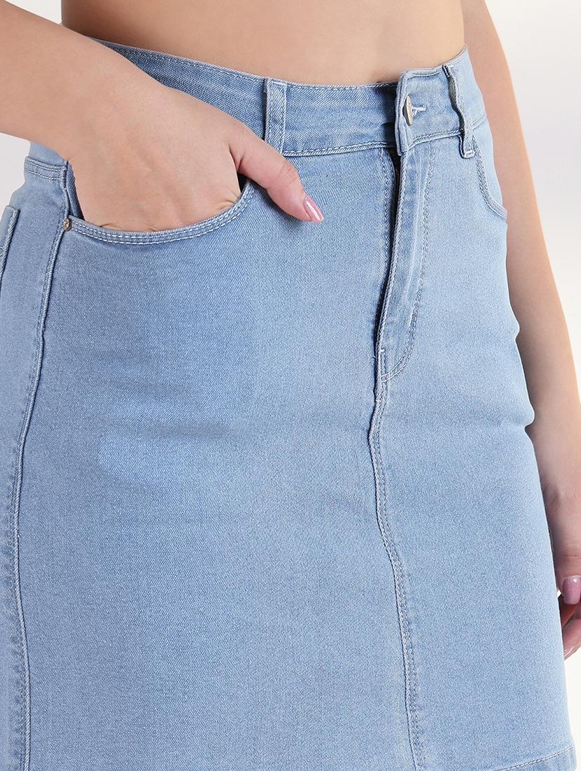 women solid gigh rise denim skirt - 21843349 - Standard Image - 4