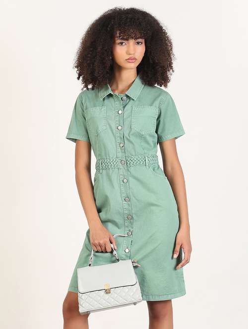 women solid collared shirt dress - 21843355 - Standard Image - 0