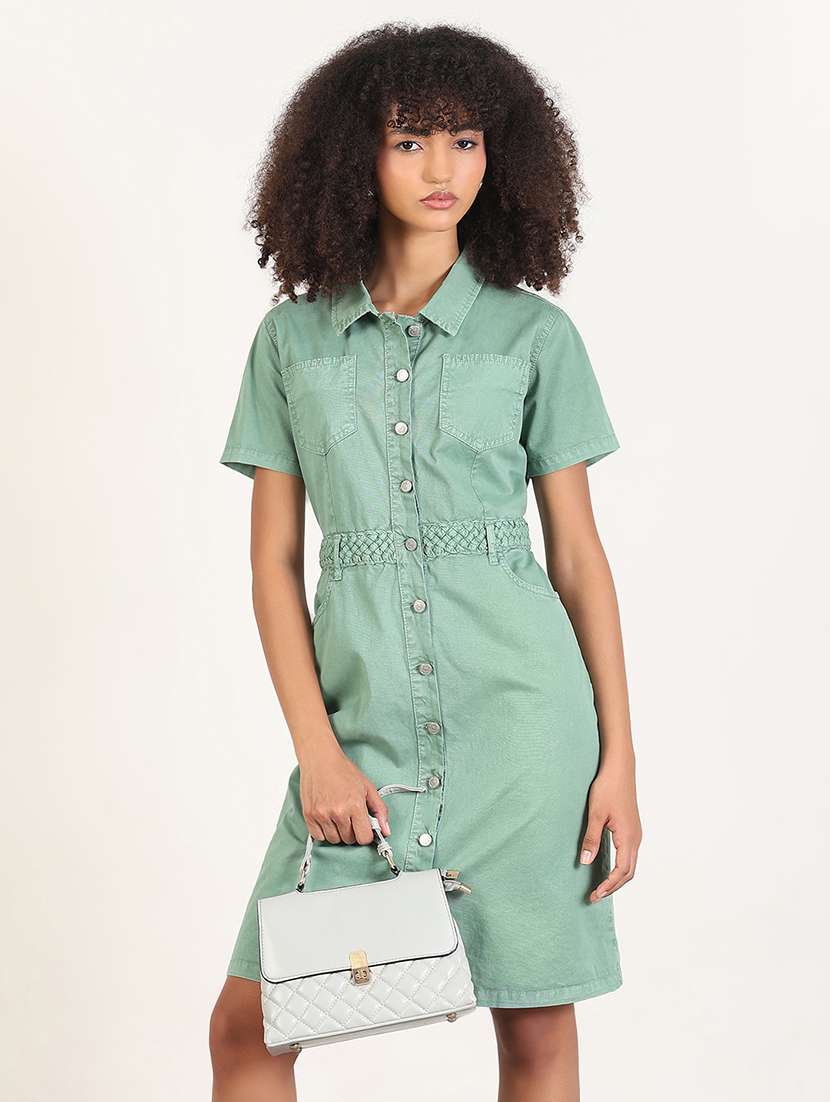 women solid collared shirt dress - 21843355 - Zoom Image - 0