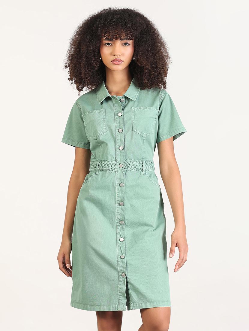 women solid collared shirt dress - 21843355 -  Standard Image - 1
