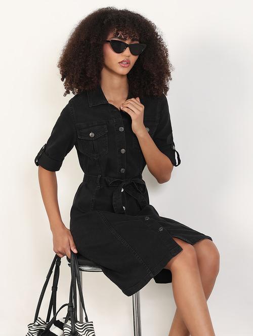 women solid roll-up sleeves collared shirt dress - 21843356 - Standard Image - 0