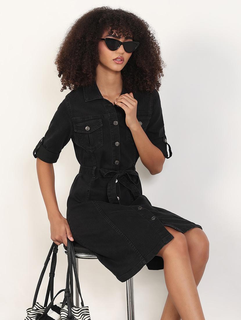 women solid roll-up sleeves collared shirt dress - 21843356 - Zoom Image - 0