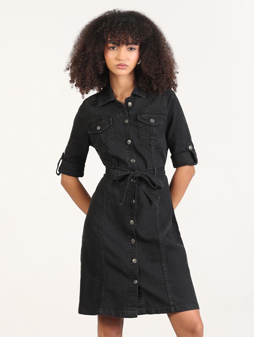 women solid roll-up sleeves collared shirt dress - 21843356 - Standard Image - 1
