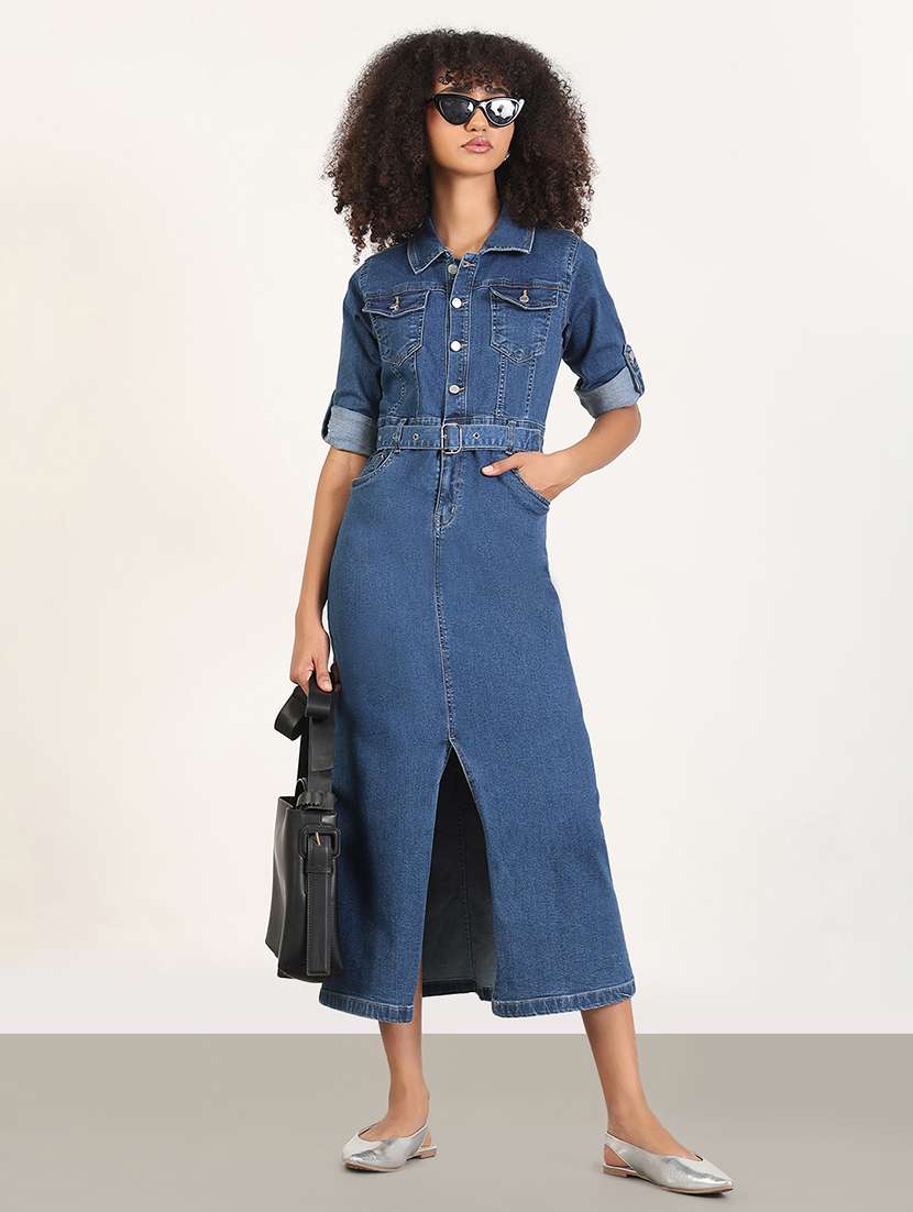 women collared roll-up sleeves denim dress