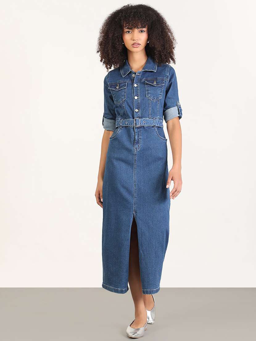 women collared roll-up sleeves denim dress - 21843357 -  Standard Image - 1