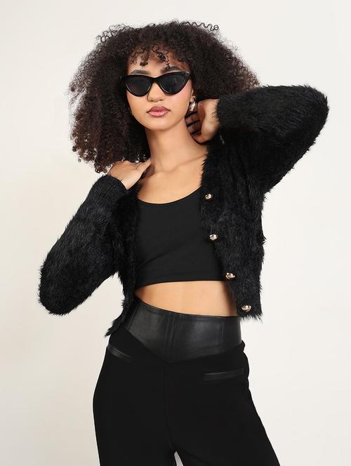 women solid long sleeves crop cardigan - 21843382 -  Standard Image - 0