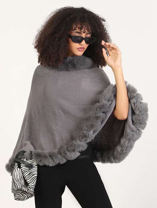 women self designed fur detailed poncho - 21843403 - Standard Image - 0