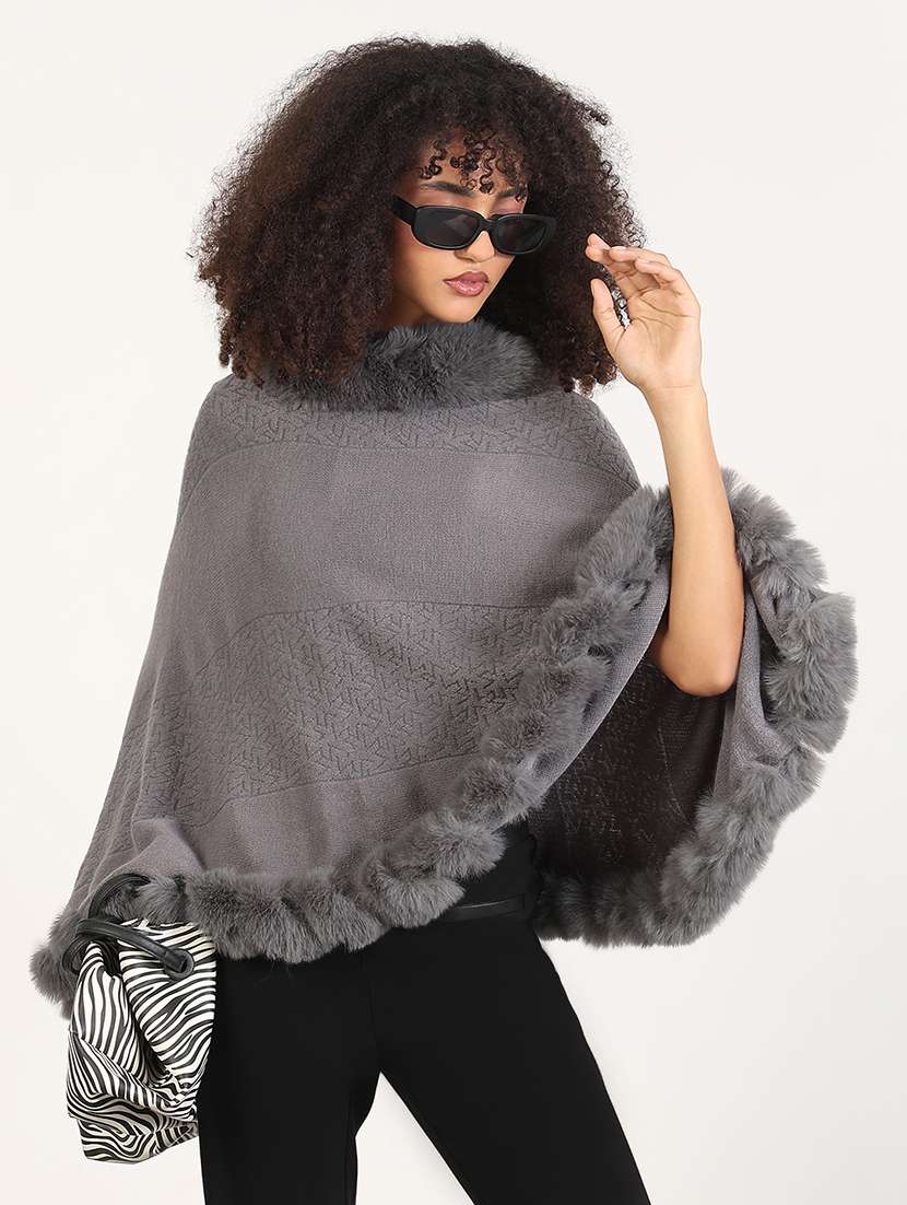 women self designed fur detailed poncho