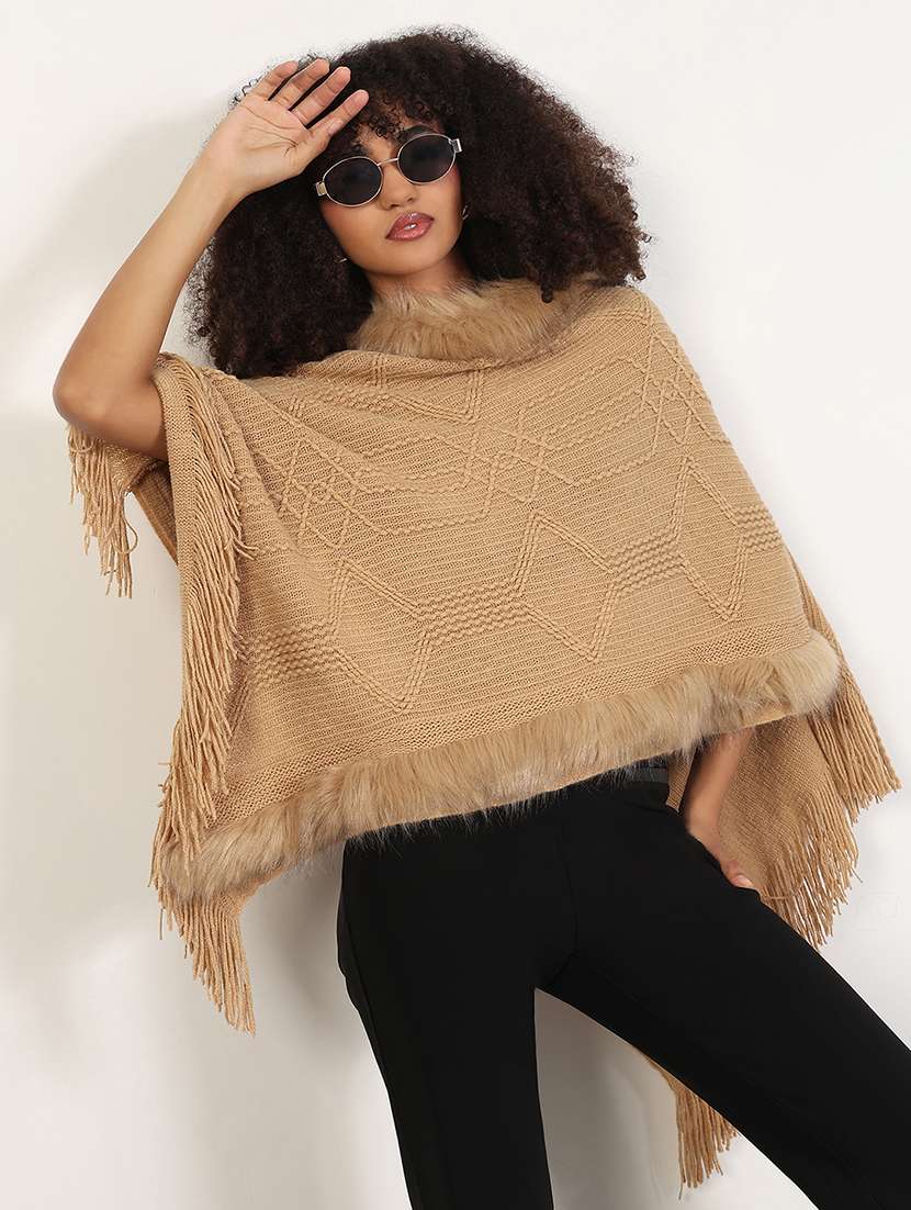 women self designed fringed hem poncho