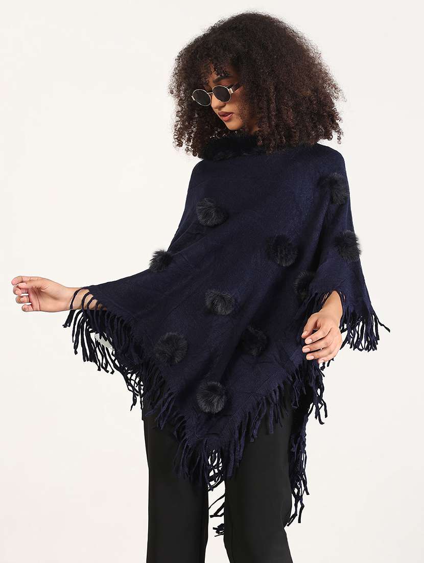 women fur detailed fringed hem poncho