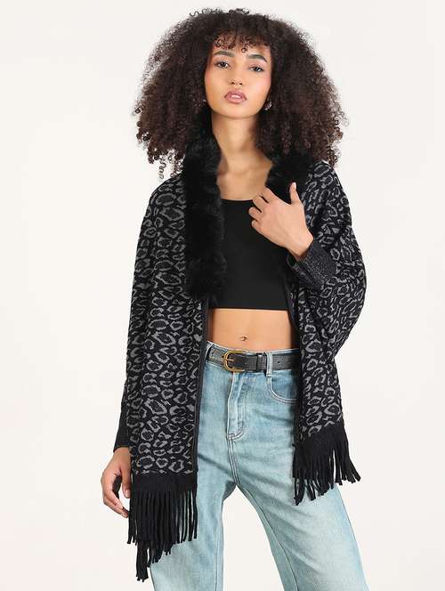 women animal print fringed hem shrug - 21843413 -  Standard Image - 0