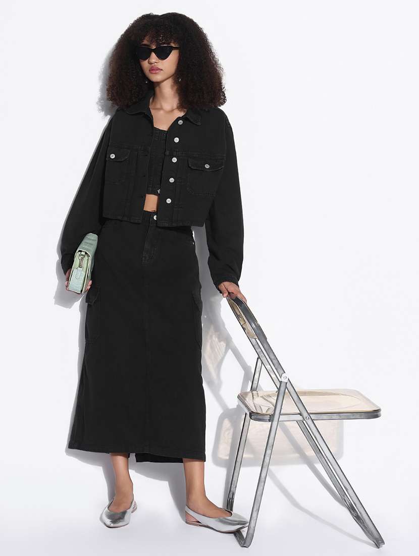 women solid top and skirt with jacket set 