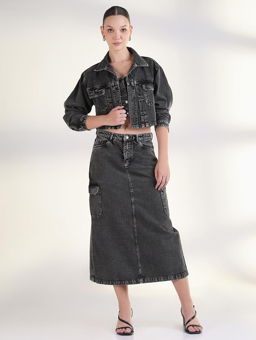 women solid top and skirt with jacket set - 21843428 - Standard Image - 1