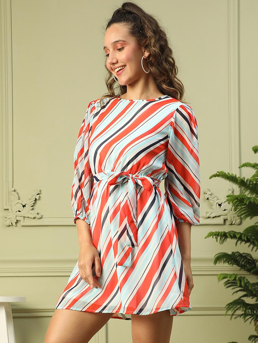 women striped puff sleeves a-line dress - 21843441 -  Standard Image - 1