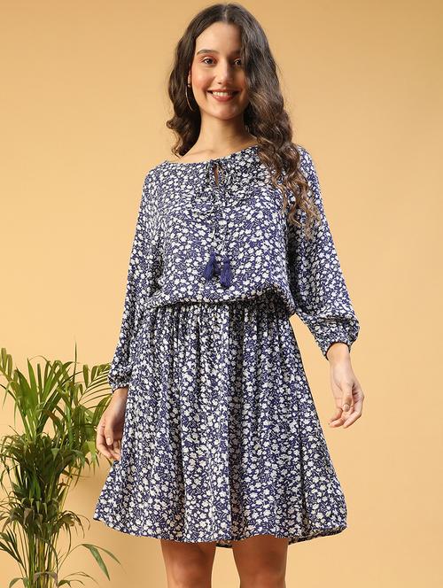 women floral print tie up neck fit & flared dress - 21843446 - Standard Image - 0