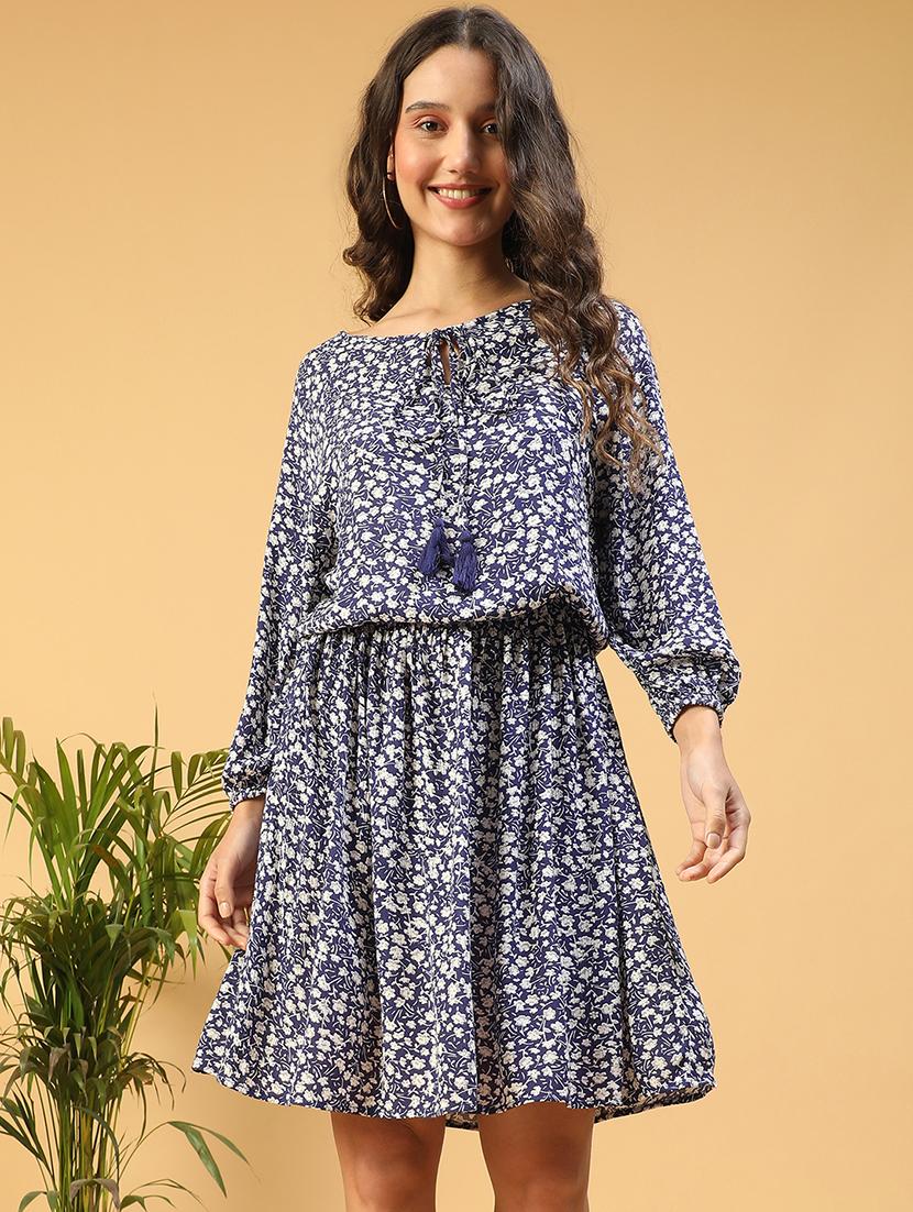 women floral print tie up neck fit & flared dress