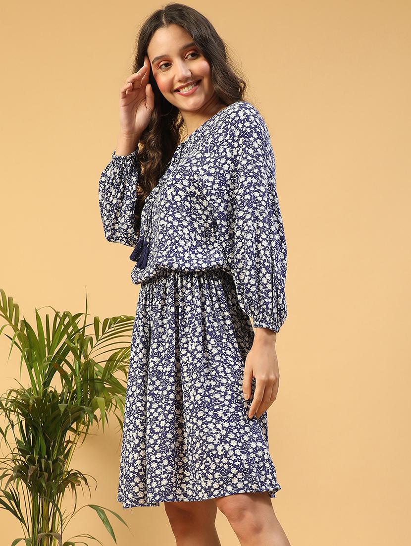 women floral print tie up neck fit & flared dress - 21843446 - Standard Image - 1