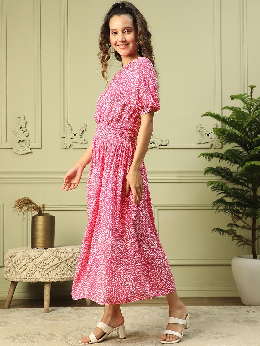 women animal print puff sleeves a-line dress - 21843448 - Standard Image - 1
