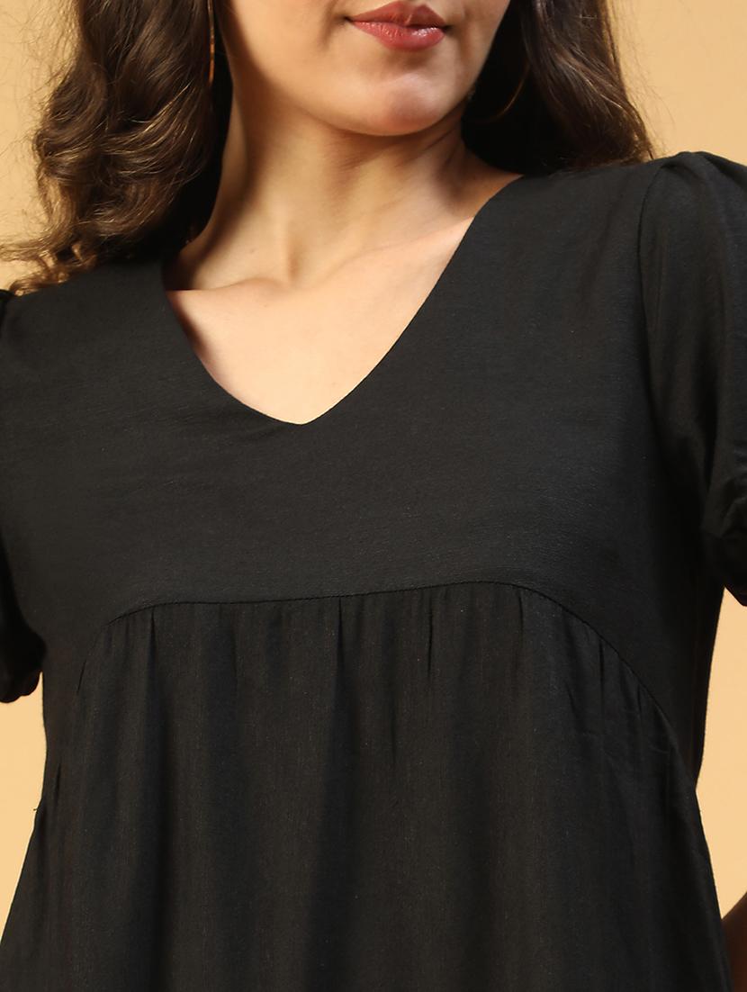 women solid puff sleeves tiered dress - 21843449 - Standard Image - 4