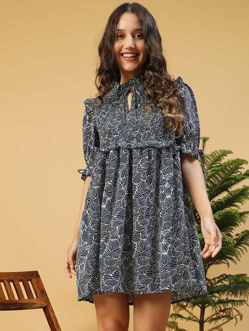 women printed tie-up neck puff sleeves a-line dress - 21843451 - Standard Image - 0