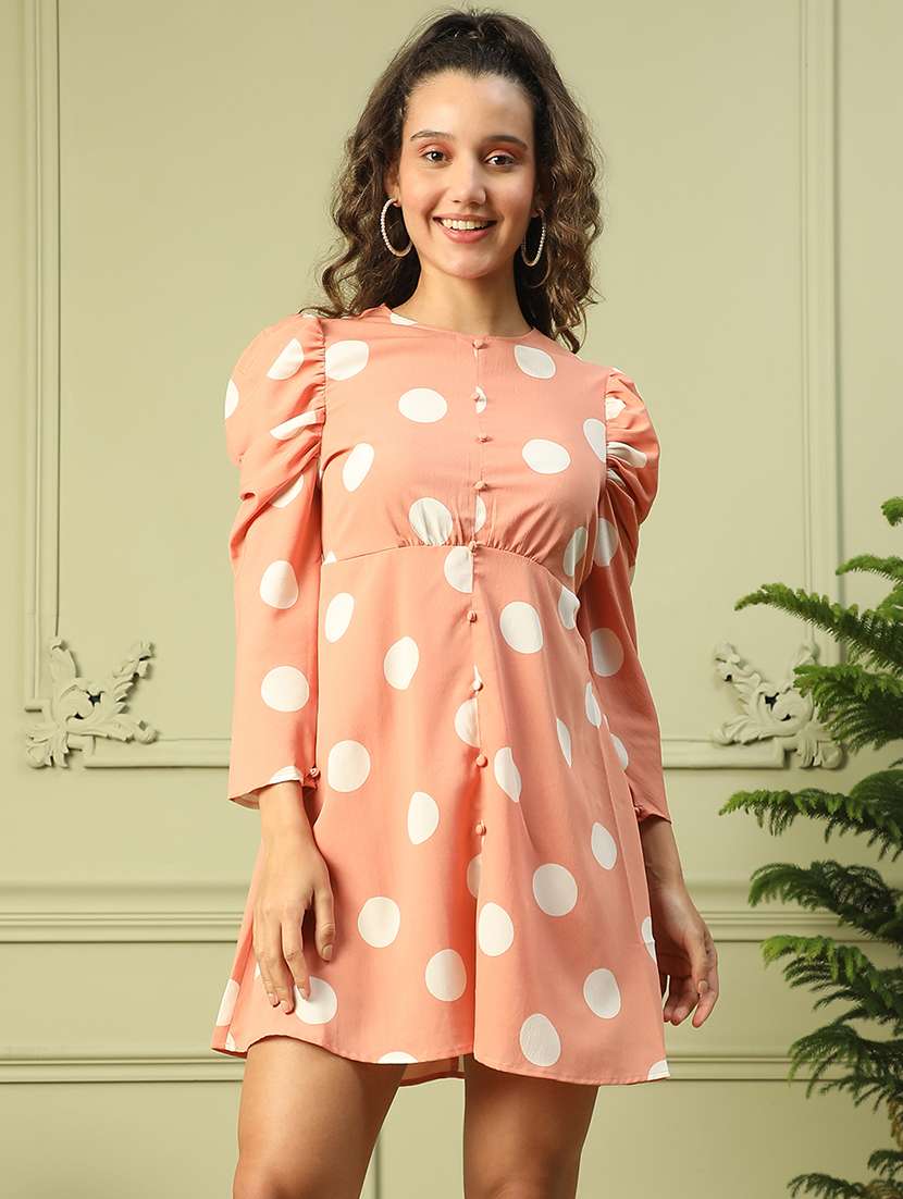 women polka doted puff sleeves a-line dress