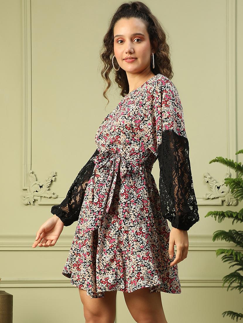 women floral print puff sleeves fit & flared dress - 21843459 -  Standard Image - 1