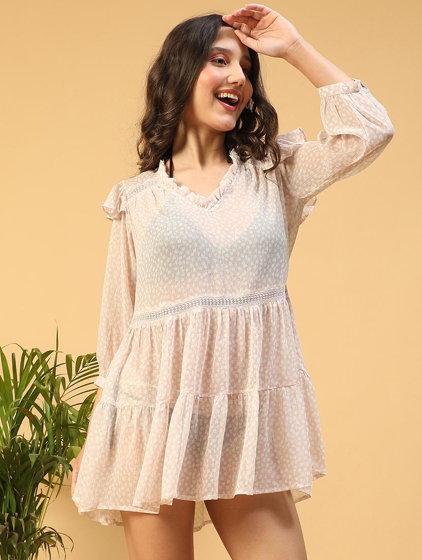 women printed see through tiered dress - 21843462 -  Standard Image - 1