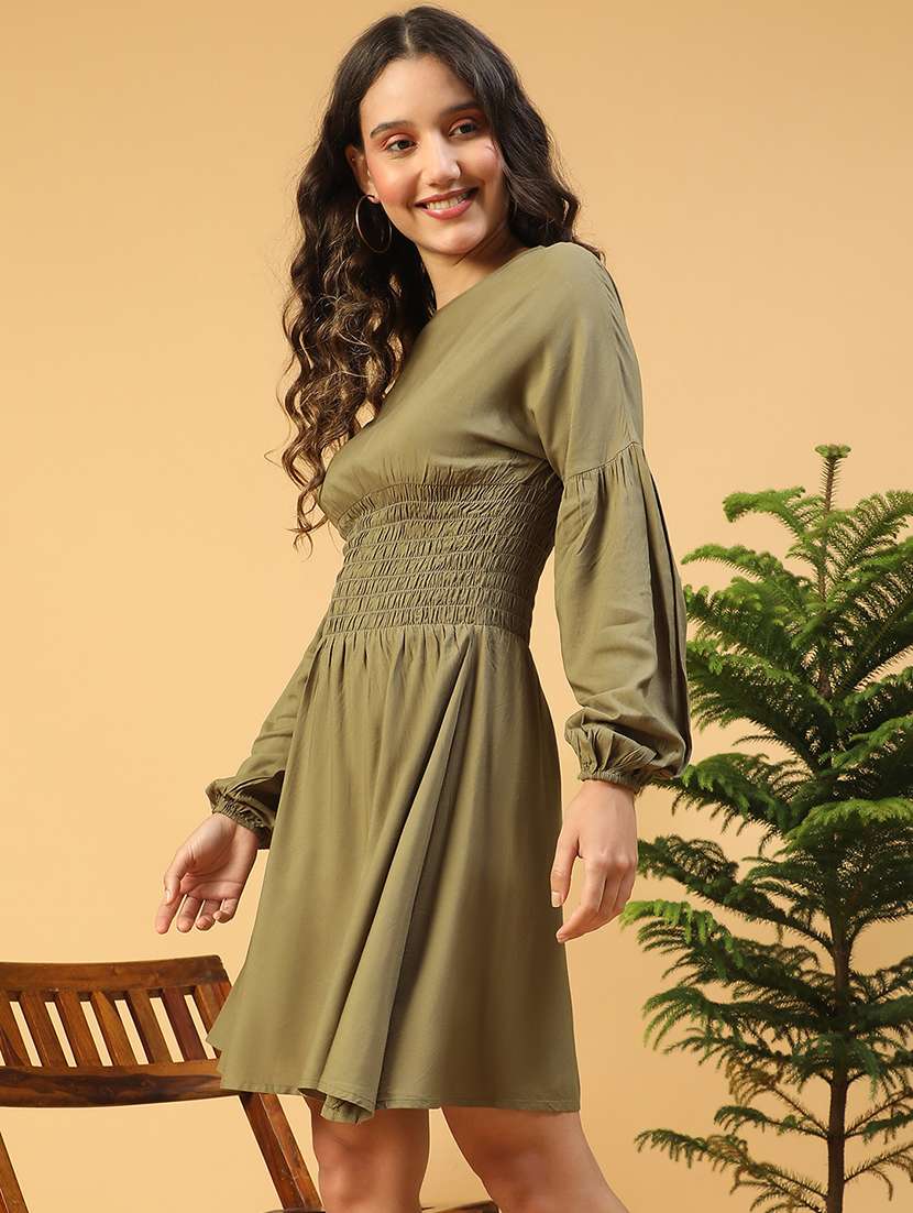 women solid puff sleeves a-line dress - 21843463 -  Standard Image - 1