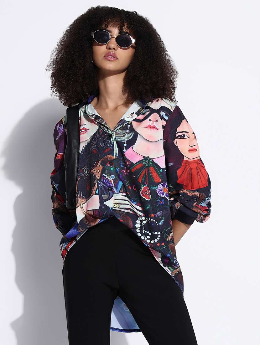 women printed collared oversized shirt - 21843465 - Zoom Image - 0