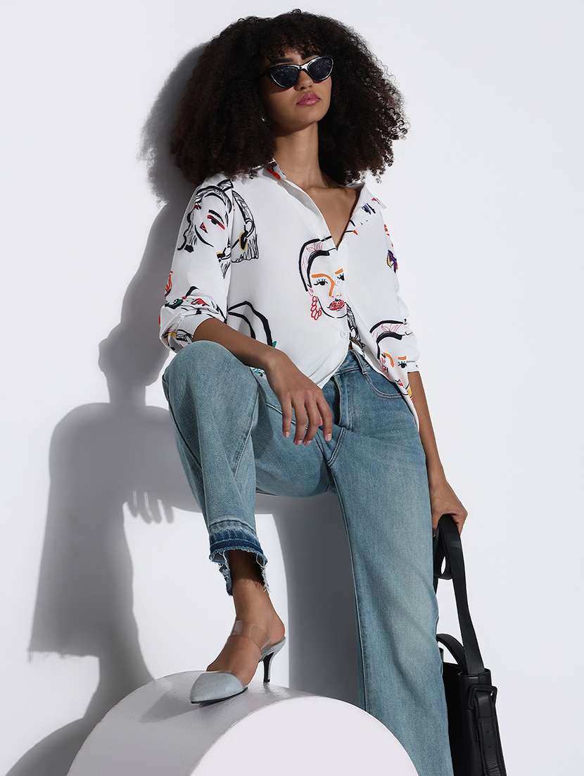 women printed collared oversized shirt