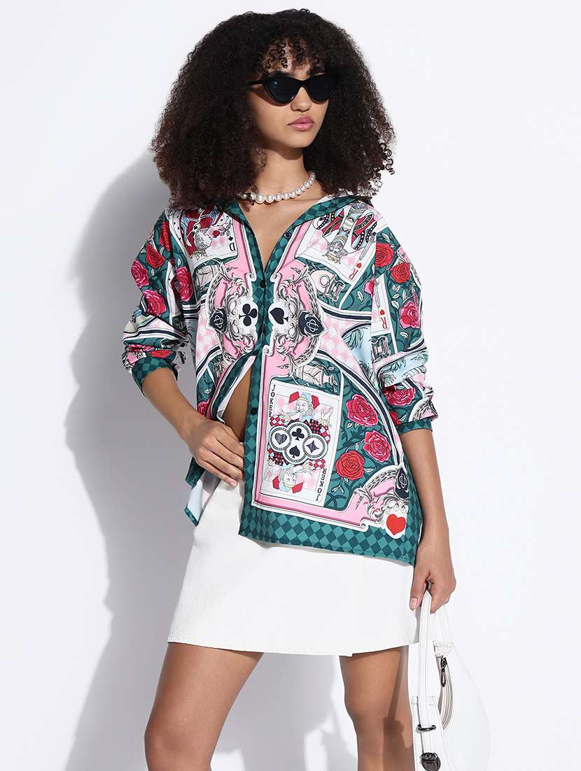 women printed collared oversized shirt